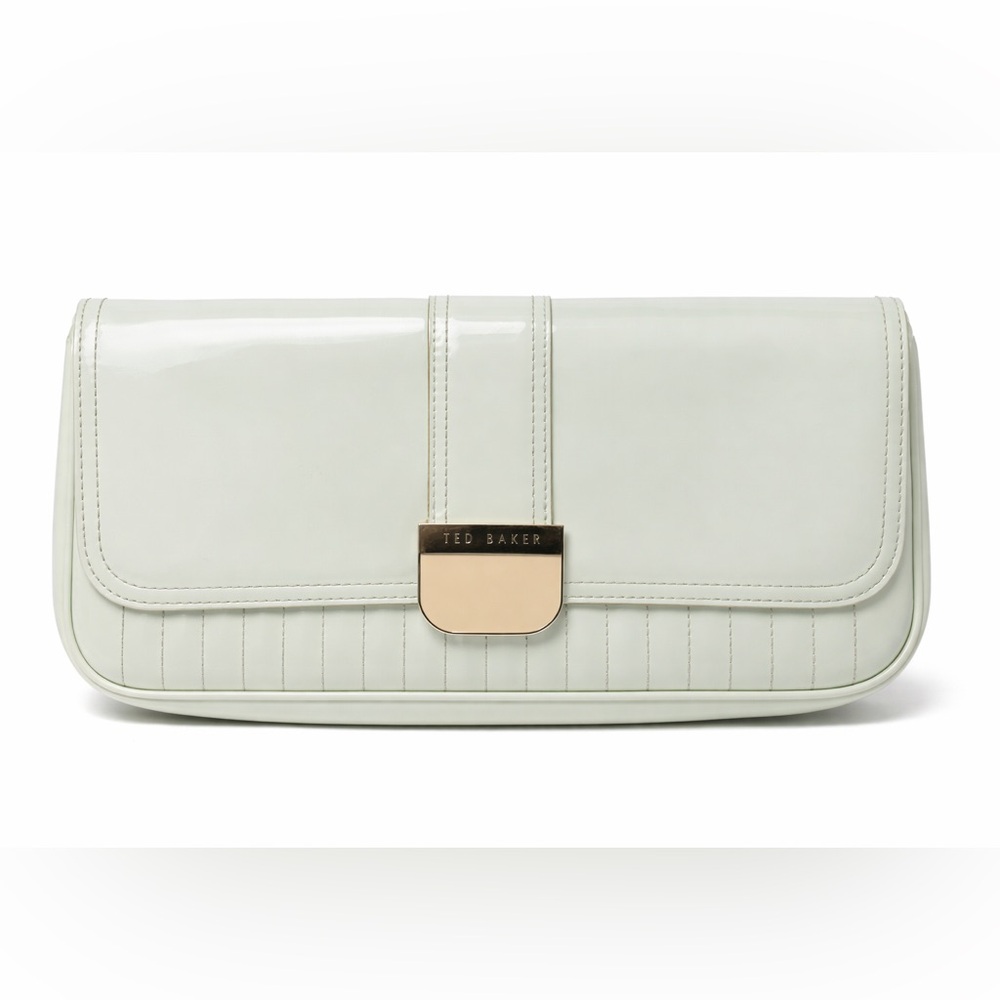 Ted Baker Pale‎ Green Patent Clutch Gold Bar Envelope Chic Minimalist